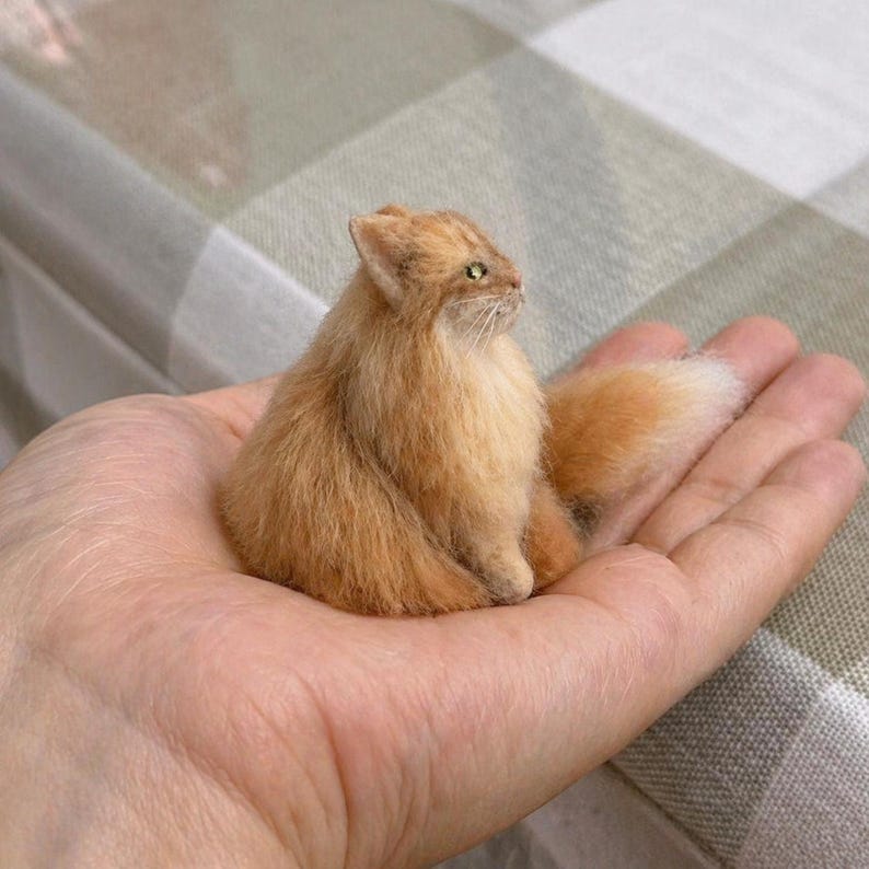 Pode incluir: Uma miniatura de gato laranja-castanho com uma cauda e pelo fofo, sentado numa m&atilde;o em concha. O gato tem orelhas pequenas e pontudas e olhos verdes. O fundo &eacute; um padr&atilde;o xadrez.