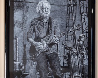 Ilustración original enmarcada en carbón blanco sobre negro de Bob Weir Grateful Dead