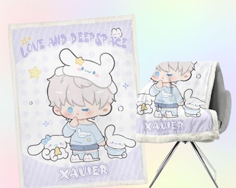 May include: A plush, lavender and white blanket featuring a cartoon illustration of a character wearing a bunny hat, with the text "LOVE AND DEEP SPACE" and the name "XAVIER". The blanket is draped over a chair.