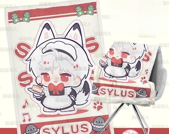 May include: A white and red patterned blanket and chair cover set featuring a cartoon fox character holding a cake. The set includes the text "SYLUS" and other decorative elements like musical notes and small animal illustrations.