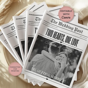 May include: A stack of wedding newspaper announcements with the headline "TWO HEARTS, ONE LOVE." The black and white design features a photo of a couple and the text "Getting Married!" The newspapers are arranged on a wooden tray.