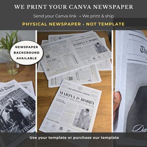 May include: A collection of printed newspapers with the headline "Newlywed Times" and "Marina & Bobby". The newspapers are displayed on a wooden surface. The text "We print your Canva newspaper" is visible at the top.