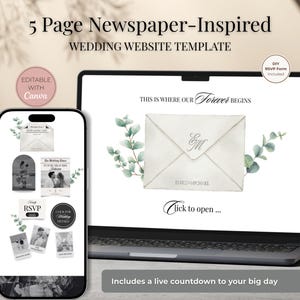 May include: A laptop and smartphone display a wedding website template. The laptop screen shows an envelope design with text "This is where our forever begins." The smartphone displays various wedding-related icons. Text includes "5 Page Newspaper-Inspired WEDDING WEBSITE TEMPLATE."