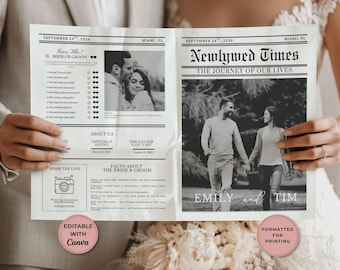Wedding Day Newspaper Program Template, Canva Editable (Digital Download)