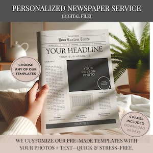 May include: A digital newspaper template featuring the text Your Custom Times, Your Headline, and Your Sub-Headline. The layout includes placeholders for custom photos and text, with sections for location, date, time, and marriage details across four pages.