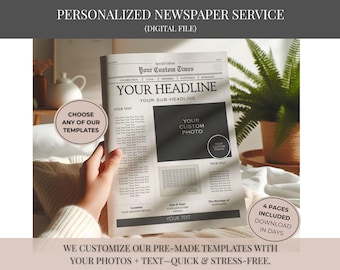 May include: A digital newspaper template featuring the text Your Custom Times, Your Headline, and Your Sub-Headline. The layout includes placeholders for custom photos and text, with sections for location, date, time, and marriage details across four pages.