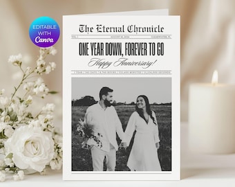 Personalisierte Jubiläumszeitungskarte, bearbeitbare Vorlage Canva, gefaltetes druckbares Andenken, digitaler Download