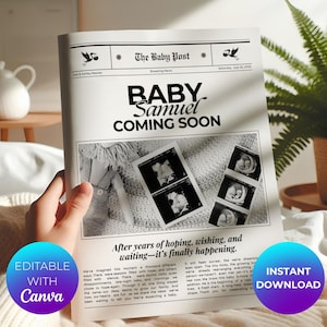 Anuncio de bebé en periódico Canva, Anuncio de bebé en periódico grande, Baby shower en periódico, Descarga digital para revelar el embarazo, 101