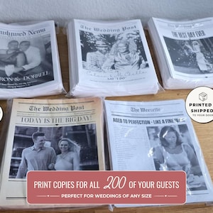 May include: Five stacks of custom-printed newspaper-style wedding programs in clear plastic sleeves. Each stack features black and white photographs of couples, headlines like Newlywed News and The Wedding Post, and personalized text on white paper.