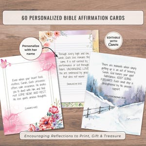 Puede incluir: Un conjunto de tres tarjetas de afirmación bíblica personalizadas con diseños florales y de acuarela. Las tarjetas presentan citas inspiradoras y el texto "60 Tarjetas de afirmación bíblica personalizadas". Editables con Canva.