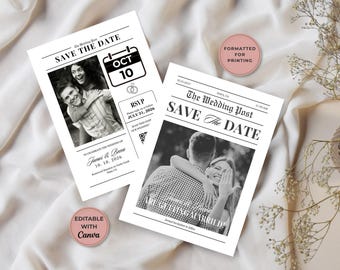 Newspaper Save The Date Template, Unique Wedding Invitation (Digital Download)