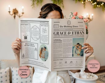 Wedding Times Newspaper Template with Photo, DIY Printable Program, Canva Digital Download