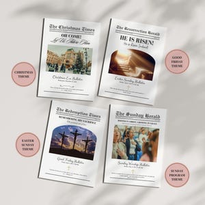 May include: Four newspaper-style bulletins with religious themes. The headlines include "The Christmas Times," "The Resurrection Herald," "The Redemption Times," and "The Sunday Herald." Each bulletin has a corresponding theme label in a pink circle.
