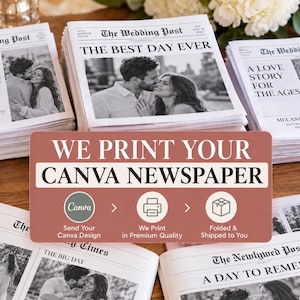 May include: Multiple stacks of printed newspapers titled The Wedding Post and The Newlywed Post featuring black and white photos of couples. A rectangular overlay reads WE PRINT YOUR CANVA NEWSPAPER with icons for design, print, and shipping.