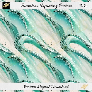 Puede incluir: Patrón digital sin costuras y repetitivo con pinceladas fluidas en color turquesa y blanco, acentuadas con purpurina. La imagen incluye el texto "Seamless Repeating Pattern PNG" y "Instant Digital Download".