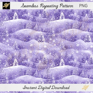 Könnte beinhalten: Ein nahtloses, sich wiederholendes Muster in Lilatönen, das eine Winterlandschaft mit schneebedeckten Hügeln und immergrünen Bäumen darstellt. Das Design umfasst fallende Schneeflocken und den Text "Seamless Repeating Pattern" und "Instant Digital Download".