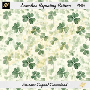 Może przedstawiać: Bezszwowy, powtarzalny wzór z akwarelowymi koniczynami w różnych rozmiarach i odcieniach zieleni na kremowym tle. Obraz zawiera tekst „Seamless Repeating Pattern PNG” i „Instant Digital Download”.