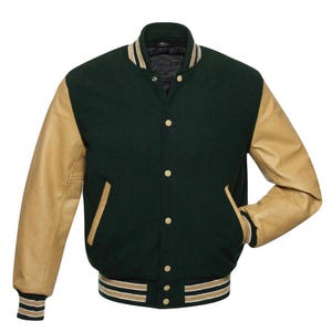 Chaqueta universitaria de béisbol Letterman dorada y verde / chaqueta premium de lana verde y mangas de cuero dorado / chaqueta universitaria personalizada