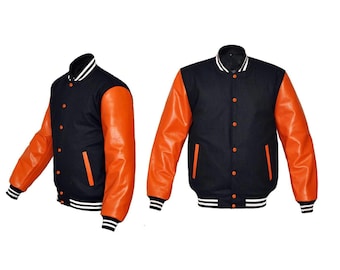 BLÅ & ORANGE Letterman basebollbomberjacka för varsity | premium blå ull- och orange jacka med äkta läderärmar | specialdesignad varsityjacka