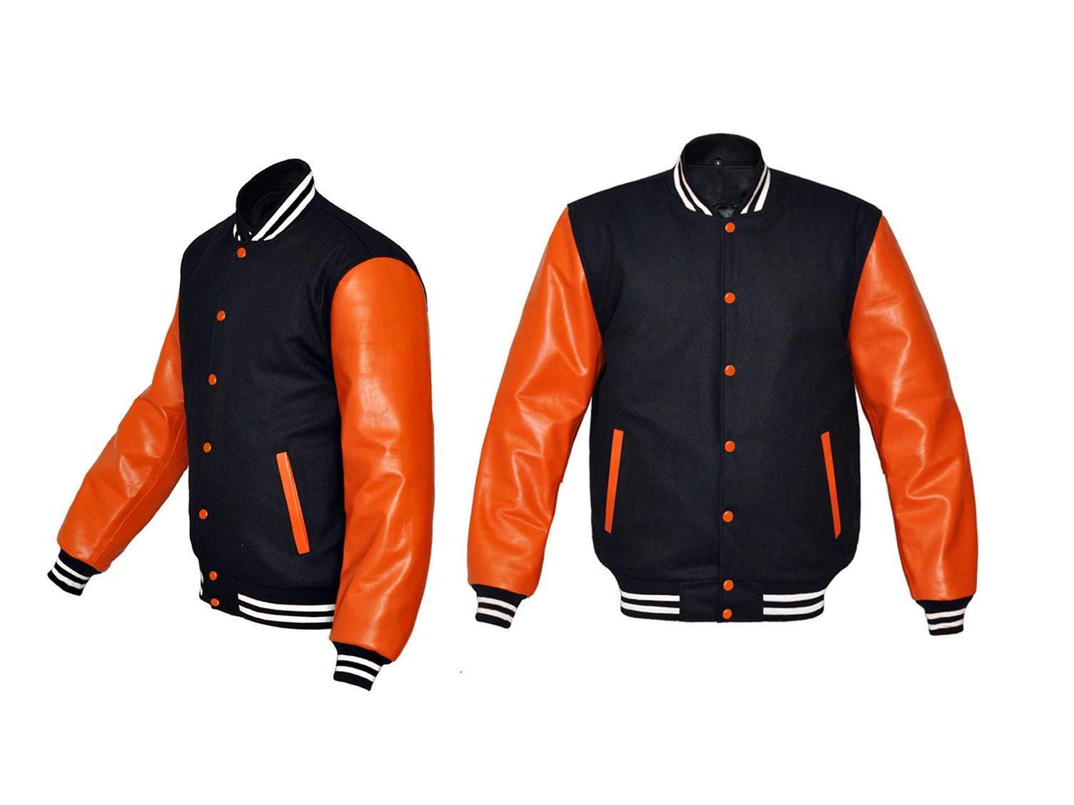 Blue Orange Letterman Baseball Bomber Varsity Jacket Premium Blue Wool and Orange Genuine Leather Sleeves jacket custom Varsity Jacket