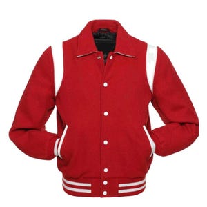 RED/WHITE RETRO bomber  Premium Varsity Jacket with Wool Body & Leather Shoulder Inserts – Customizable Jacket for Men