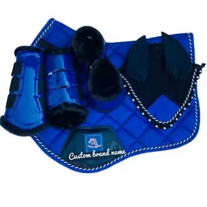 Handmade Customizable top Quality Saddle Pad Set – Blue with Brushing Boots, Bell Boots & Ear Net