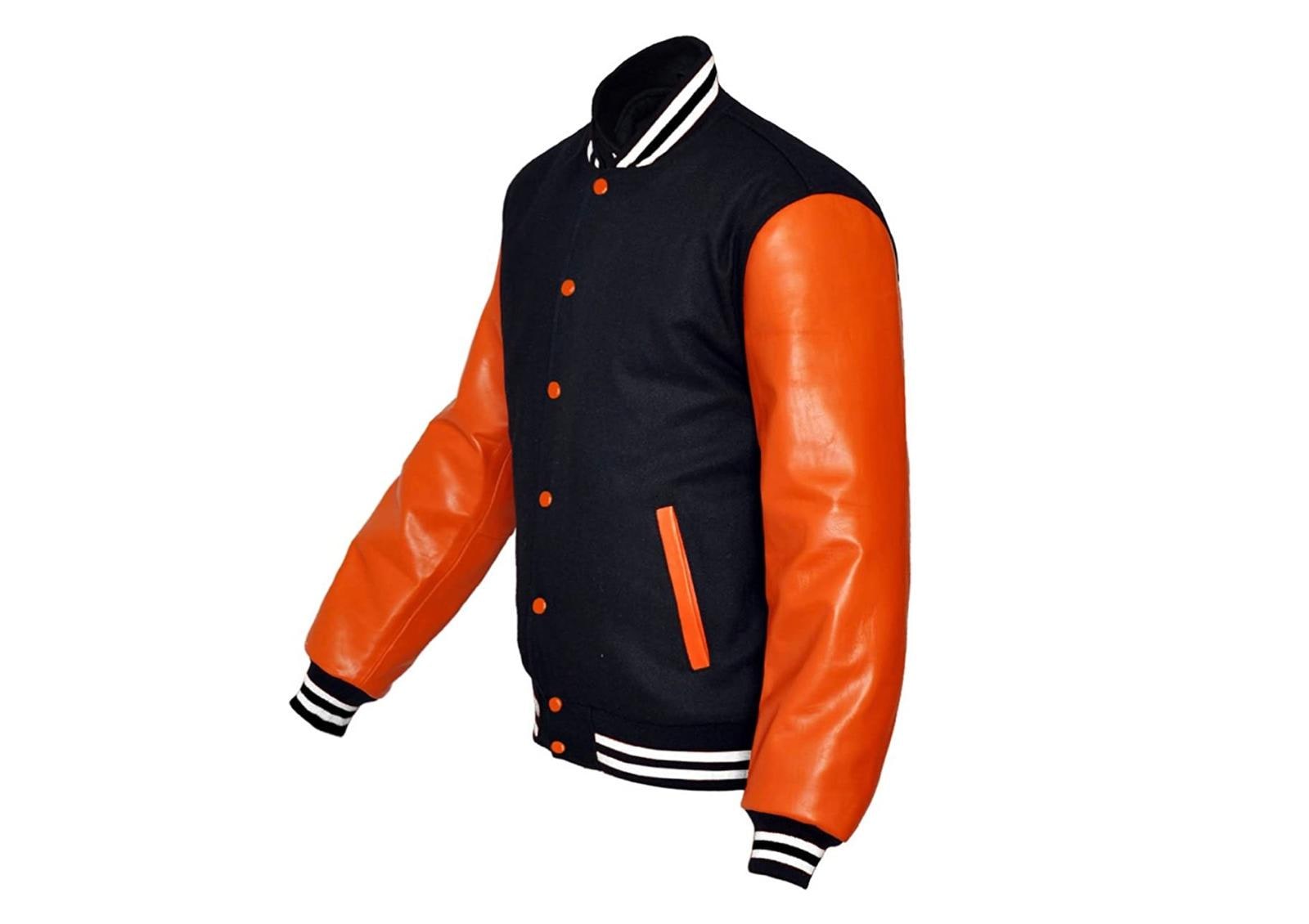 Blue Orange Letterman Baseball Bomber Varsity Jacket Premium Blue Wool and Orange Genuine Leather Sleeves jacket custom Varsity Jacket