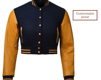 WOMEN CROPPED JACKET| Crop Varsity Jacket| Customizable Letterman Bomber| Wool Body & Leather Sleeves Cropped Varsity Style| Best Gift Idea