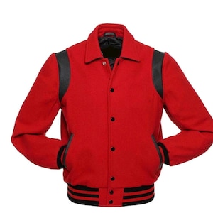 RED/ BLACK RETRO  Premium Varsity Jacket with Wool Body & Leather Shoulder Inserts – Customizable Jacket for Men