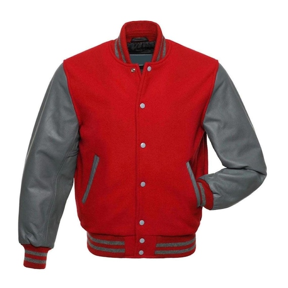 GRAY & RED Letterman Baseball Bomber Varsity Jacket | Premium Red