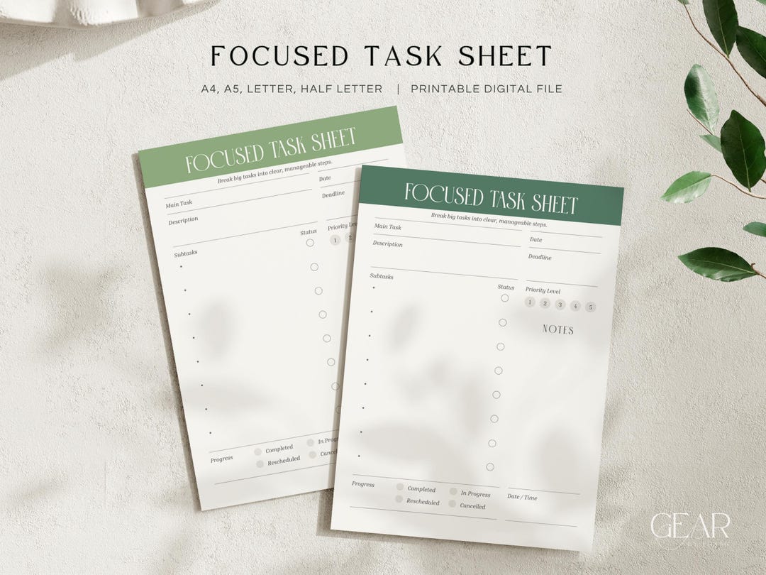 Focused Task Sheet Printable, Minimalist Planner Insert, ADHD Worksheet ...