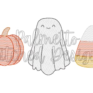 umpkin Ghost Candy Corn Sketch Fill Embroidery Design | Halloween Quick Stitch Trio