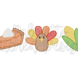 Pumpkin Pie Turkey Corn Sketch Fill Embroidery Design | Thanksgiving Quick Stitch Trio