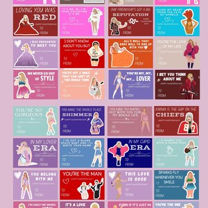 May include: A collection of Valentine's Day cards with various phrases and illustrations. Each card features a different design, including images of people and text like "You're the Man" and "In My Lover Era."