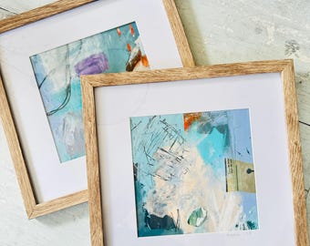 Original Aqua Green Abstract Painting, Set of 2 Framed Collage Artwork