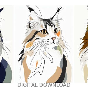 May include: Three stylized portraits of Maine Coon cats in shades of blue, brown, and cream. Each cat has a unique color pattern and is set against a white background. The words "DIGITAL DOWNLOAD" are at the bottom.