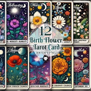12 geboortemaand bloem tarot kaart clipart, elegante digitale illustraties voor doe-het-zelf-projecten, kunst aan de muur, scrapbooking en gepersonaliseerde geschenken