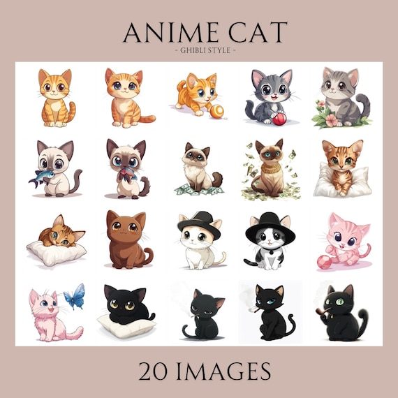 20 Cute Anime Cats - Ghibli Style - Various Breeds of Cat - PNG