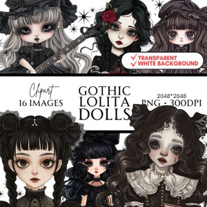 Cute Victorian Gothic Lolita Girls - of anime characters - illustration style - dark gray color palette - PNG format - Transparent