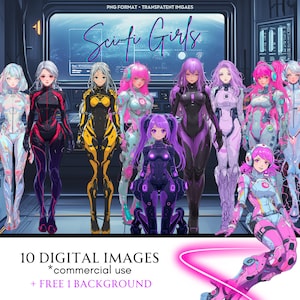 10 Cyberpunk Anime Girls - full-body poses - Include a Futuristic Armor design with Neon highlights PNG format - Transparent background