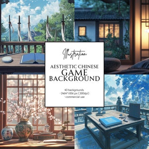 Könnte beinhalten: Eine Sammlung von 40 digitalen Hintergründen mit traditioneller chinesischer Ästhetik. Die Hintergründe sind perfekt für das Spieldesign und bieten eine Vielzahl von Szenen, darunter einen Holzbalkon mit Blick auf eine Bergkette, einen Raum mit einem Fenster mit Blick auf einen Garten und einen Tisch mit einem Buch und einer Vase mit Blumen. Die Hintergründe sind 2464 x 1856 Pixel groß und für kommerzielle Zwecke verfügbar.