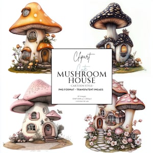 40 niedliche Pilzhäuser Illustrationen - Cartoon Stil - Fantasy - Märchen - Kinderbuch - Printable - Scrapbooking