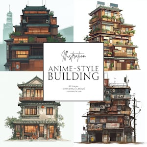 40 Different Anime-Style Buildings illustration - traditional wooden houses , modern high-rise structures and more - PNG format - Printable