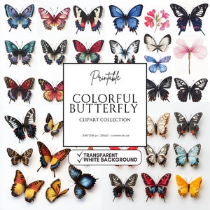 30 juegos de imágenes prediseñadas de mariposas de colores: PNG, imprimibles, fondos transparentes/blancos, hojas de calcomanías, álbumes de recortes, tarjetas para hacer
