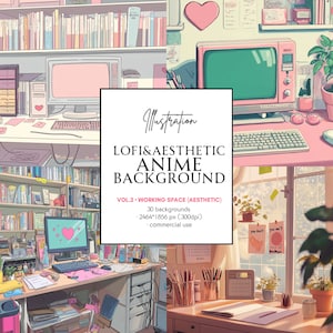May include: A digital illustration of a lofi and aesthetic anime background featuring a pink and white desk with a computer, bookshelves, and a window with a view of a cloudy sky. The text "LOFI&AESTHETIC ANIME BACKGROUND" is displayed in the center of the image.