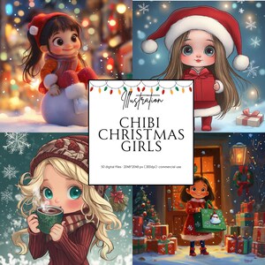50 images of Cute Chibi Christmas Girls wearing Santa hats and - Chrismas presents - Santy Clipart in Cartoon Style