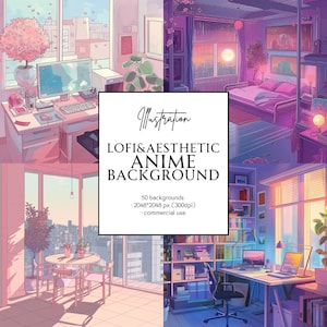 May include: A digital illustration of four different anime-style room backgrounds. Each room has a different color scheme and features a desk, a window, and furniture. The text "LOFI&AESTHETIC ANIME BACKGROUND" is in the center of the image. The text "50 backgrounds" is below the title. The text "2048*2048 px (300dpi)" is below the number of backgrounds. The text "• commercial use" is below the pixel dimensions.