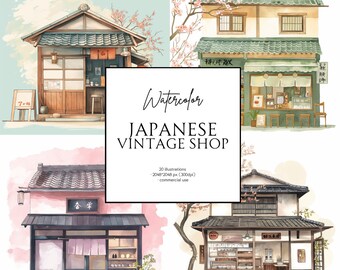 20 ilustraciones vintage en acuarela de una tienda/tienda/casa japonesa, en colores pastel, imágenes prediseñadas sobre un fondo blanco.