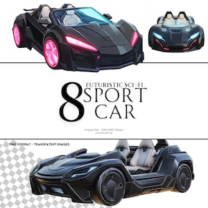 May include: A futuristic black sports car with pink lights and a transparent canopy. The car is rendered in a digital style and has a sleek, aerodynamic design.