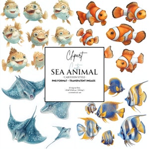 30 SET of Sea Animals - such as fish, starfish, octopus, manta ray, dolphin, jellyfish and turtle - PNG Format - Transparent background